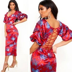 PrettyLittleThing Red & Blue Satin Lace-Up Back Midi Dress